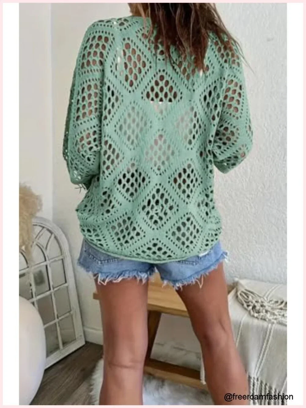 Crochet V-Neck Long Sleeve Loose Knit Top Beach Cover Up Tunic